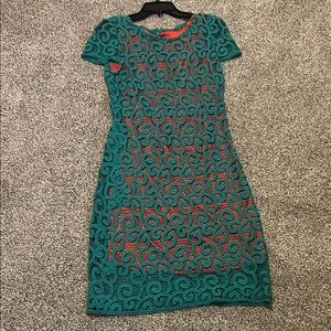 Elle Tahari two piece lace Teal Overlay Sheath Dress -